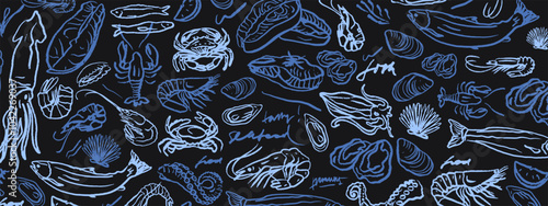 Isolated vector sketch set of seafood. Shrimps, langoustines, prawns, salmon, trout, oysters, mussels, squid, crab, lemon. Hand drawn seafood delicacy, restaurant and marine cafe menu.
