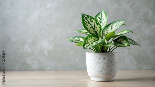 Reflected white potsherd with green leaves photo