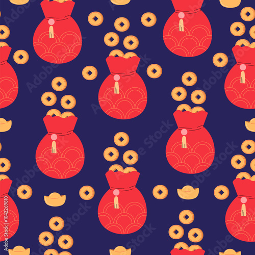 Yuan Coins in the red money bag. Seamless pattern for Chinese New Year. Symbol of wealth and prosperity. Chinese coin with a square hole and Yuanbao on blue background.