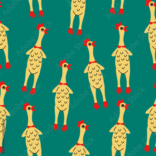 Rubber chicken seamless pattern. Funny dog toys on teal background.