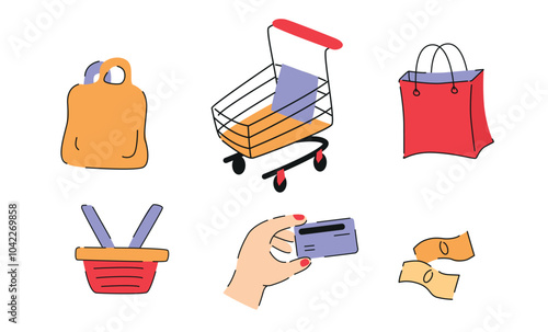 Sale Icons Set. Colourful Marketing Elements. Shopping, Discount, and Sale Symbols. Vector flat illustration of Bag, Money and Shopping Cart.