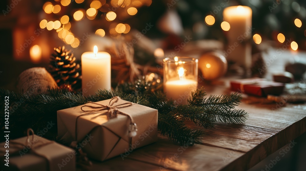 Warm candlelight with Christmas gifts and festive decorations. Ideal for holiday marketing and cozy home ambiance. Warm candlelight with Christmas gifts and festive decorations. Ideal for holiday marketing and cozy home ambiance.