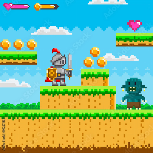 Retro game scene showing a knight facing a goblin in a pixelated landscape with coins, floating platforms, and health icons. Ideal for video gaming, adventure, fantasy, hero quests, and pixel art