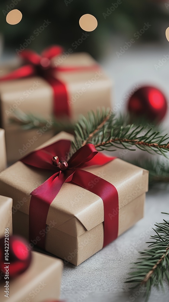 Stack of Christmas gifts tied with red ribbon, bokeh lights background. Festive holiday celebration Stack of Christmas gifts tied with red ribbon, bokeh lights background. Festive holiday celebration