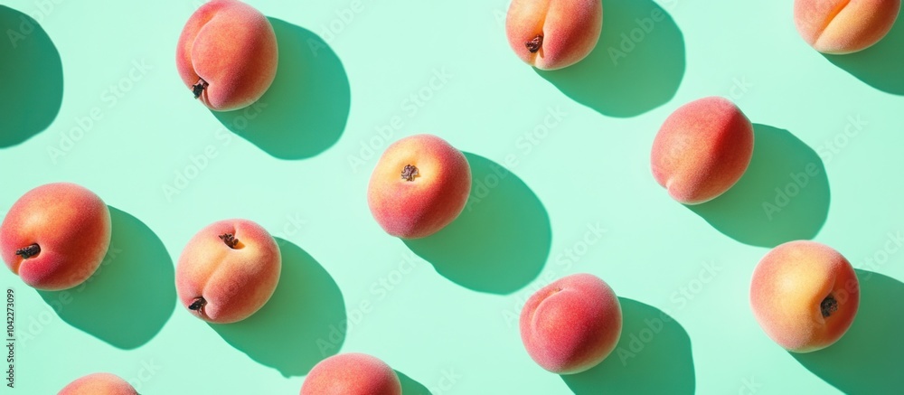 Flat lay of fresh peaches on a mint green background with shadows. Flat lay of fresh peaches on a mint green background with shadows.