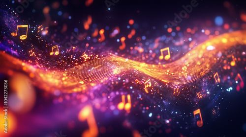 Abstract Flow of Glowing Music Notes in a Vibrant Digital Wave
