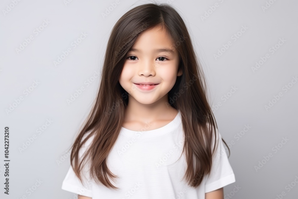 beautiful asian little girl smiling and looking at camera over grey background beautiful asian little girl smiling and looking at camera over grey background