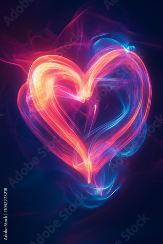 Glowing Neon Heart in Abstract Light Trails