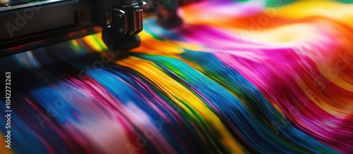 Close up of a printing press printing colorful stripes on fabric.