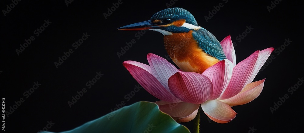 A vibrant blue and orange kingfisher perched delicately on a pink lotus flower with green leaves against a dark background. A vibrant blue and orange kingfisher perched delicately on a pink lotus flower with green leaves against a dark background.