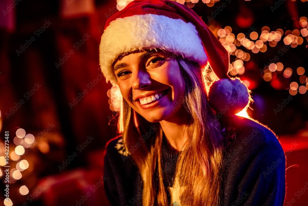 Fototapeta premium Photo of nice young girl cheerful smile wear christmas clothes garland light home party decoration interior room