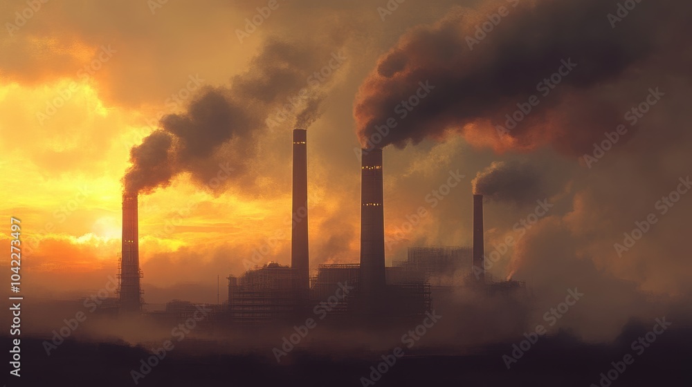 Industrial landscape with smoking factory chimneys at sunset Industrial landscape with smoking factory chimneys at sunset