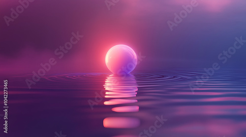 Glowing Pink Sphere Reflecting on Water Surface at Dusk