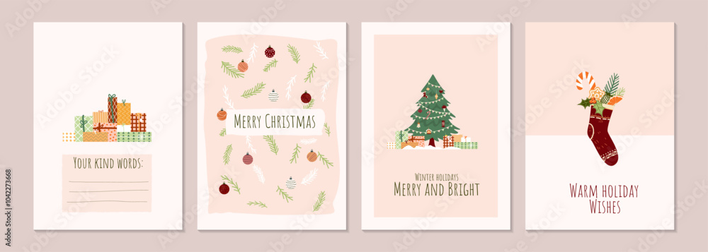 Set New Year greeting cards with gift boxes, socks, xmas tree, door wreath, fir branch with Christmas balls. Winter holiday design for greeting card, invitation cover calendar social media posts menu Set New Year greeting cards with gift boxes, socks, xmas tree, door wreath, fir branch with Christmas balls. Winter holiday design for greeting card, invitation cover calendar social media posts menu