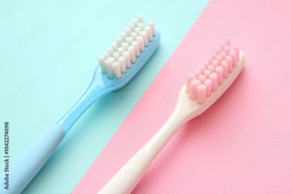 Two manual toothbrushes in soft blue and pink rest against a vibrant pastel background, showcasing their color and design for promoting dental care Two manual toothbrushes in soft blue and pink rest against a vibrant pastel background, showcasing their color and design for promoting dental care