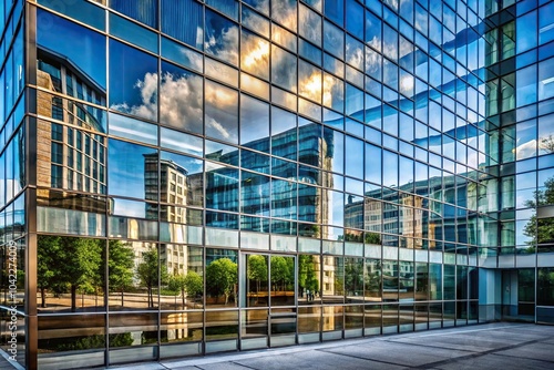 Reflection of a building in a mirror with a medium shot angle