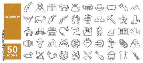 Set of 50 line icons related to cowboy, sheriff, western, cactus, wild, bison, horseshoe, boot, gun, hat, ranch, wanted, Editable stroke. Vector illustration