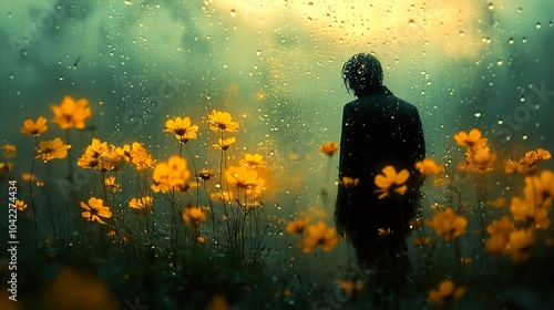 Silhouette in a Field of Yellow Flowers During Rain