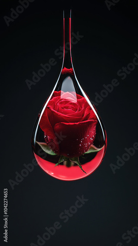 Rose captured in a water droplet, reflecting light against a dark background, creating a mesmerizing and poetic image.