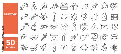 Set of 50 line icons related to firework, pyrotechnics, stars, celebration, cheerful, fun, sparkle, bright, Editable stroke. Vector illustration