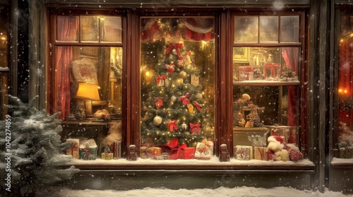 Festive christmas shop window display with snow and lights