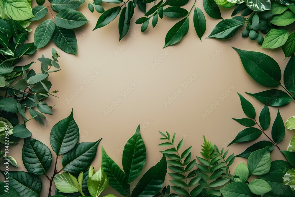 Naklejka premium A frame of green leaves on a beige background