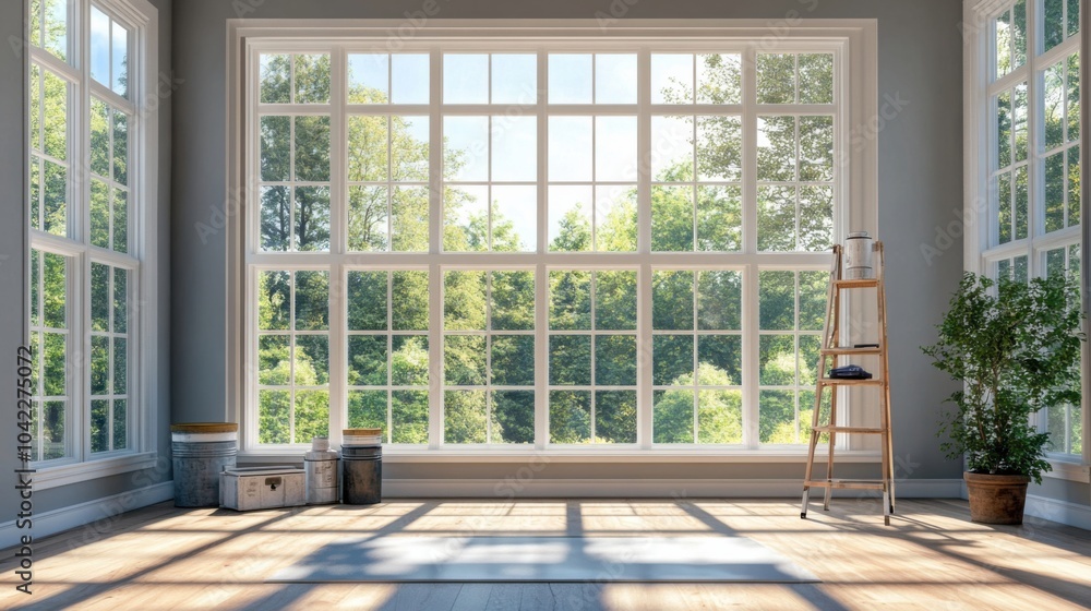 Fototapeta premium Renovated room with large windows paint can step ladder remodeling scene
