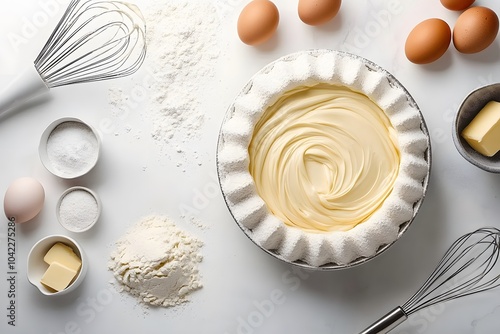 Bundt cake in progress with ingredients on white background.