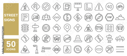 Set of 50 line icons related to street signs, road, mark, traffic, arrow, direction, safety, drive, vehicle, way, Editable stroke. Vector illustration