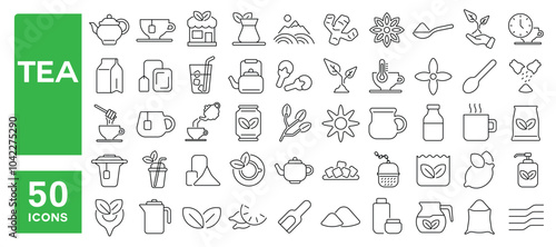 Set of 50 line icons related to tea, pot, teapot, leaves, cup, glass, caffeine, mug, fresh, decaf, hot, herbs, Editable stroke. Vector illustration
