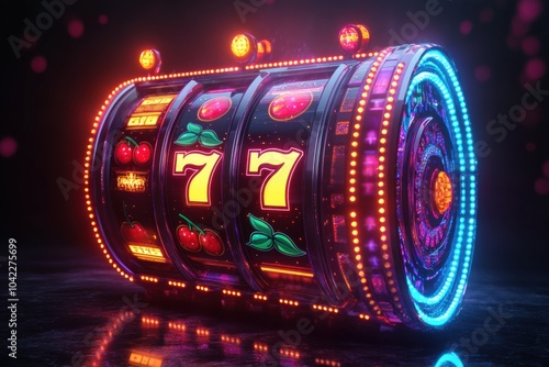 A vibrant slot machine showcases spinning reels adorned with classic symbols like cherries, sevens, and bars, captivating players. Generative AI photo