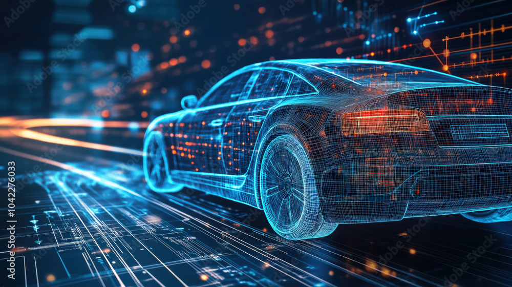 High-Tech Digital Visualization of a Futuristic Car Driving Through a Data-Driven Virtual Environment with Illuminated Circuit-Like Elements High-Tech Digital Visualization of a Futuristic Car Driving Through a Data-Driven Virtual Environment with Illuminated Circuit-Like Elements