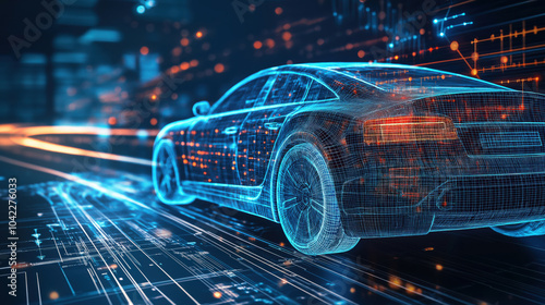 High-Tech Digital Visualization of a Futuristic Car Driving Through a Data-Driven Virtual Environment with Illuminated Circuit-Like Elements