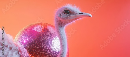 Close-up of an ostrich chick with a large, sparkly egg on its back against a peach-colored background. photo