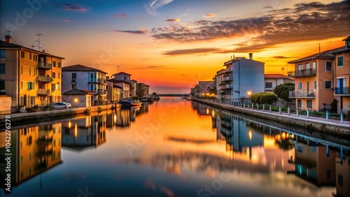 Reflection of buildings in water at sunset Silhouette photo