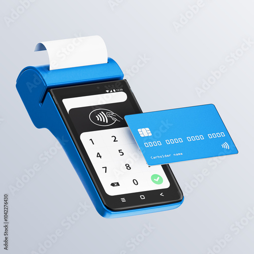 Contactless payment by credit card banking empty screen through the terminal 3d rendering on isolated white backround.