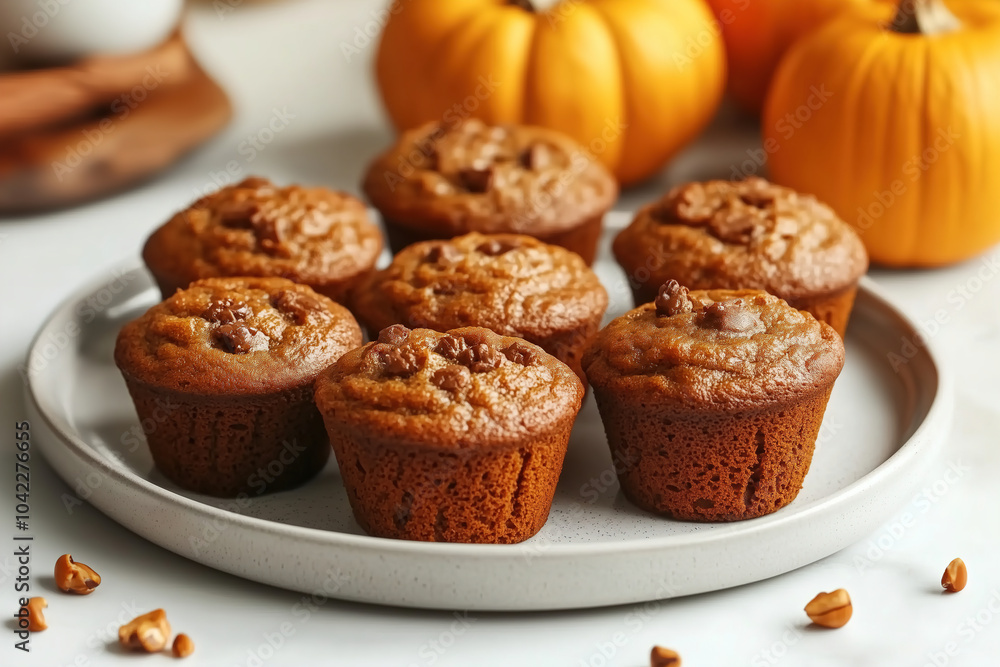 Delicious pumpkin muffins topped with nuts on a plate, surrounded by small pumpkins during autumn season. Generative AI Delicious pumpkin muffins topped with nuts on a plate, surrounded by small pumpkins during autumn season. Generative AI