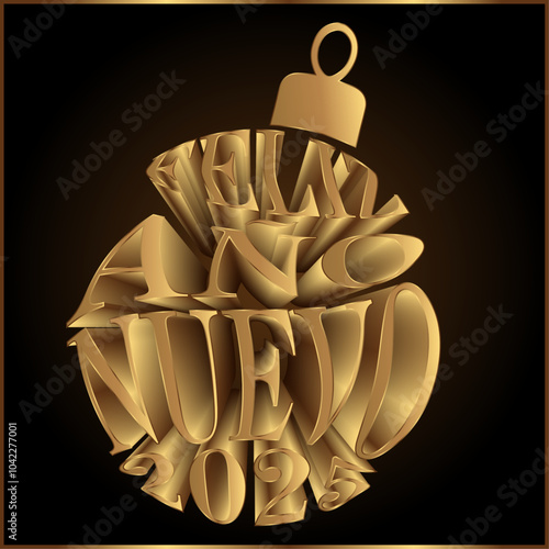 Bola 3D de Árbol de navidad con Mensaje de Feliz Año Nuevo 2025 en Dorado y Naranja