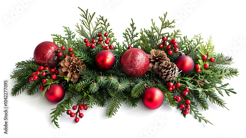 Wallpaper Mural a festive arrangement of evergreen branches adorned with bright red berries and glossy red ornaments Torontodigital.ca