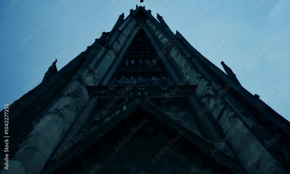 Overhead shot with dim ambiance: The camera starts above a Gothic chapel with dim, ambient lighting casting eerie shadows. The camera slowly descends to reveal dusty pews and an ornate, cobweb-covered Overhead shot with dim ambiance: The camera starts above a Gothic chapel with dim, ambient lighting casting eerie shadows. The camera slowly descends to reveal dusty pews and an ornate, cobweb-covered