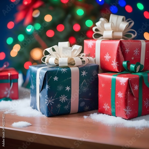Christmas gift boxes with lush bows on the background of New Year's garland. AI generated