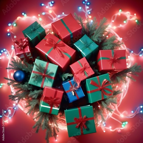 Christmas gift boxes with lush bows on red background of New Year's garland. Top view. AI generated