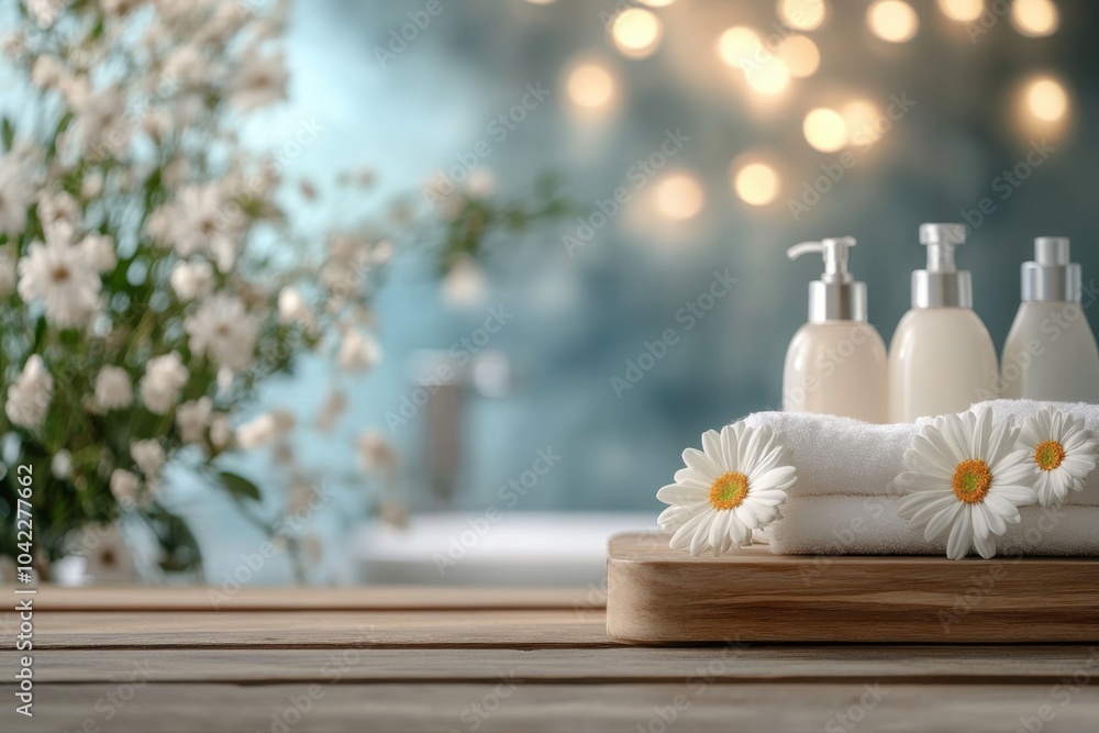wooden spa product display podium in blurred bathroom soft focus background wooden spa product display podium in blurred bathroom soft focus background