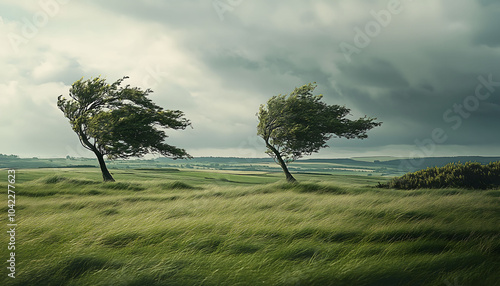 Two wind blown trees in a wide open grassy field