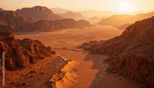 Desert landscape at sunset showcasing warm tones, vast emptiness, and dramatic rock formations