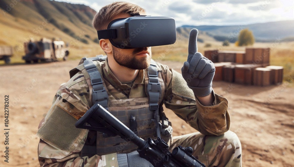 Fototapeta premium A soldier puts on virtual reality goggles during training at an open training ground during the day.