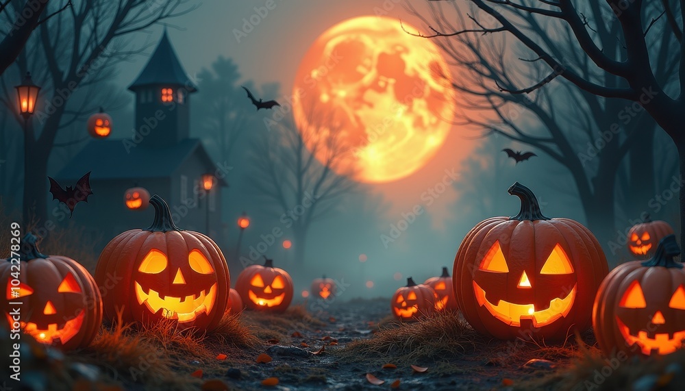 Free space in the middle, surrounded with Halloween stuff eerie fog, floating jack-o-lanterns, haunted shadows, copy space Free space in the middle, surrounded with Halloween stuff eerie fog, floating jack-o-lanterns, haunted shadows, copy space