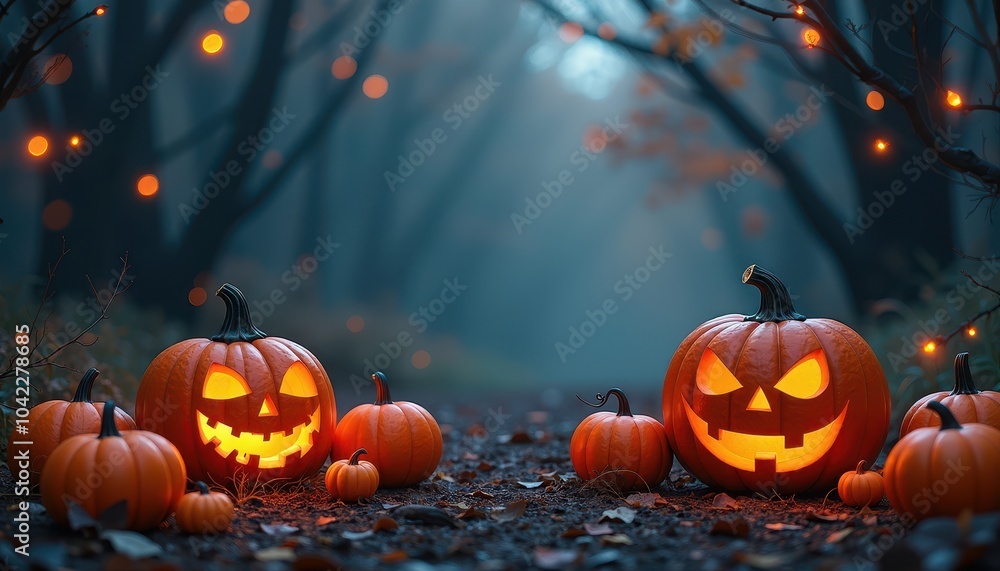 Fototapeta premium Free space in the middle, surrounded with Halloween stuff dark pumpkins, glowing orbs, haunted mist, copy space