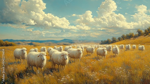 Flock of Sheep Grazing in a Golden Meadow
