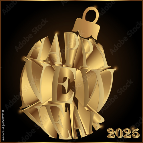 Bola 3D de Árbol de navidad con Mensaje de Happy New Year 2025 en Dorado y Naranja